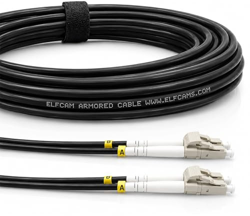 Elfcam® - 15m Gepanzerte Glasfaser-kabel LC/UPC auf LC/UPC OM3 Multimode Duplex 50/125um LSZH, LWL-Kabel LC für den Innen- und Außenbereich, Schwarz, 15M