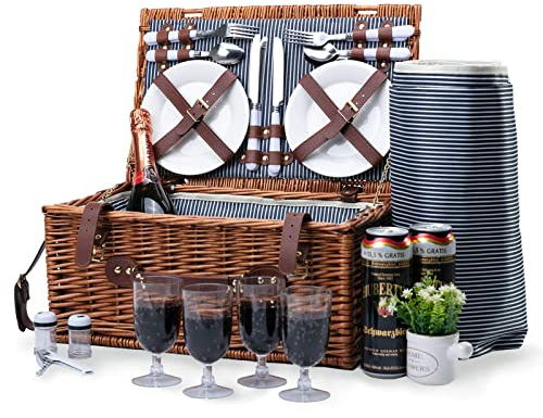 Weidenkorb Picknickkorb für 4 Personen mit Isoliertem Kühlfach und Wasserdichter Decke|Willow Hamper Besteck-Service-Set|große Weiden-Picknickkorb-Sets für Camping im Freien (Braun)