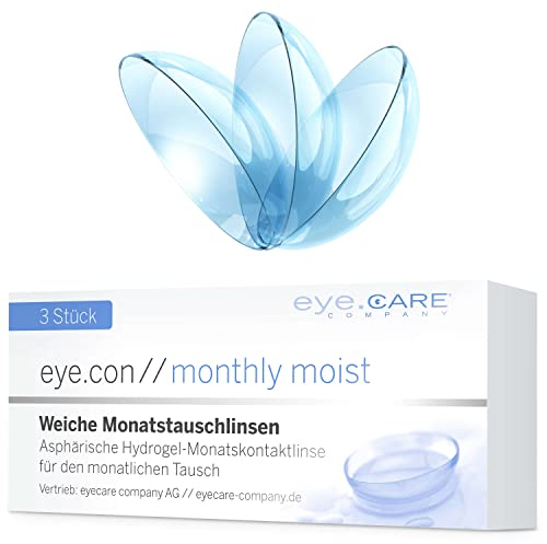 Eye.Con Monthly Moist weiche Monatslinsen – 3 Hydrogel Kontaktlinsen mit Stärke für empfindliche Augen. Contact Lenses mit 55% Wassergehalt BC 8.6mm, DIA 14.3mm (-4.00, 8.6, Millimeter, -4.00)