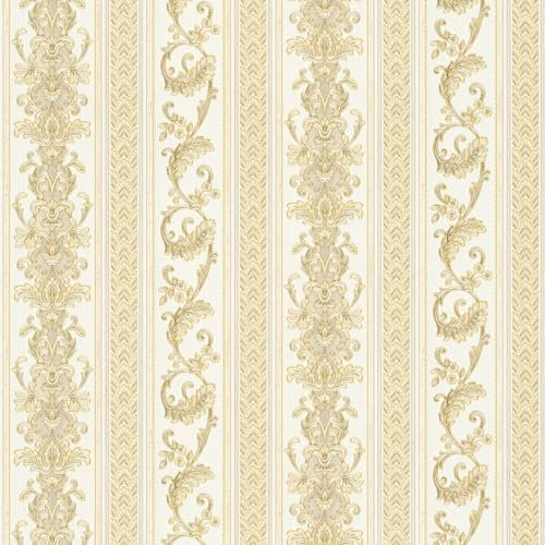 Carta da parati barocca Profhome 335473-GU Carta da parati TNT leggermente strutturata in stile barocco opaca oro bianco-crema 5,33 m2