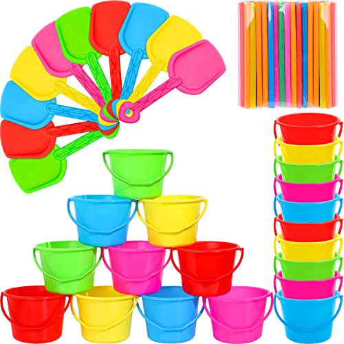 Sratte 20 Set Bucket Beach Toys Set for Kids Durable Play Sand Plastic Buckets Pail and Shovel Kit with 100 Straws for Outdoor Summer Beach Trip Holiday Party Favor Year Gifts Backyard Playtime