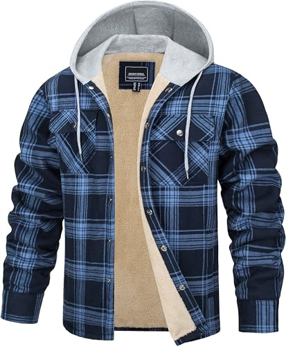 TACVASEN Herren Gefütterte Hemdenjacke Fleecejacke Kapuzenpullover Arbeiten Hemden Hoodies für Männer (L, Blau Grau)