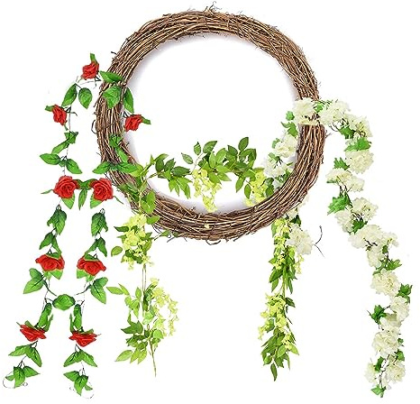 SKYPRO 3 Stück Weinreben-Girlande, künstliche Blumen, Pflanzen für Hotel, Hochzeit, Zuhause, Party, Garten, Handwerk, Kunst, Dekoration, mit 1 Stück natürlichen Rattan-Ring