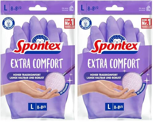 Spontex Extra Comfort, Premium-Haushaltshandschuhe mit weichem Textilfutter, ideal für alle Putzarbeiten im Haushalt, 30°C waschbar, Größe L (8-8,5), 1 Paar, Lila (Packung mit 2)
