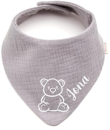 Personalisiertes Dreieckshalstuch aus Baumwolle/Musselin | Teddybär mit Namen | Halstuch für Jungen, Mädchen | Viele Farben