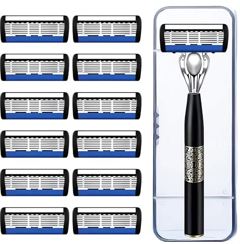 12 Stück Ersatzklingen für Nassrasierer Herren, Manueller Rasierer mit sieben Schichten, Rasierklingengriff aus Metall， Männer Rasierklinge, Geschenk für Männer