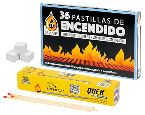 BRICOMIRAS Pastillas Encendido Chimenea con Pack de 50 fósforos para Prender Fuego en chimeneas, barbacoas, hornos de leña, carbón, etc. - Enciende Fuegos fácil y rápido (36 Pastillas + 50 fósforos)