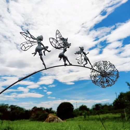 Sysow Fate Dandelions Garden Art Sculpture Dance Together Stainless Steel Fairy Garden Ornaments Home Decorations for Lawn