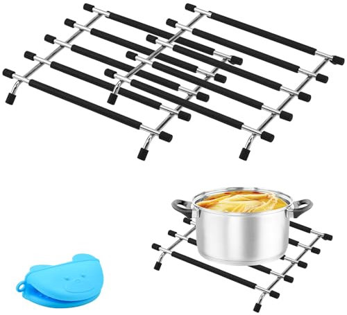 KARBAG 2 Pcs Kitchen Trivet Stand, Heat Resistant Anti Slip Trivets Kitchen Worktop Protector Stainless Steel Trivet Pan Stands with Heat Insulation Hand Clip for Kitchen Worktops, Hot Pans
