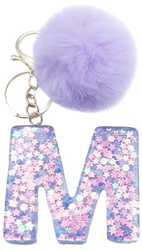 Xsclpomddy Frauen Alphabet Buchstaben Schlüsselanhänger Niedlich Schlüsselanhänger Glitzer mit Pom Pom Quasten Harz Keychain Violett für Tasche Charme
