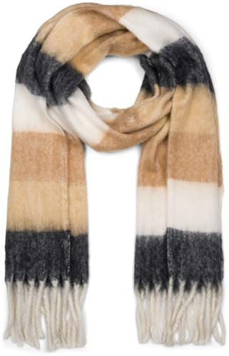 styleBREAKER Damen Web-Strickschal mit breiten bunten Streifen und dicken Fransen - Warmer Winter-Schal, mehrfarbig 01017160, Farbe:Schwarz-Braun-Weiß