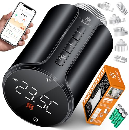 KESSER - Termostato de radiador (juego de 4 unidades, mando App Smart Home WLAN), compatible con Alexa, Google Assistant | 6 válvulas de radiador, redondo/negro
