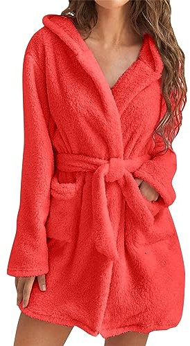 Bademantel Damen Lang Damen-Schlafanzug, einfarbig, langärmelig, Kapuze, Knie, kurz, Plüsch, Pyjama, Robe, Homewear, Bademantel Mikrofaser Bademantel Damen Dünn Bademantel Sexy (Red, M)