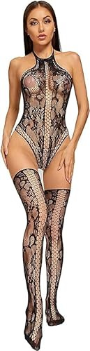 Bommi Fairy Women's Sexy Fishnet Lingerie Sets Backless Bodysuit Top With Thigh-high Stockings Clubwear Cute Nightwear