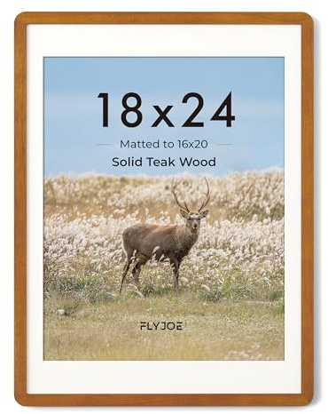 FLYJOE 18 x 24 Poster Frame - Solid Teak Wood 24x18 Frame, 18 x 24 Picture Frame With Mat For 16x20, Tempered Glass and Hanging Hardware Included, Puzzle Frame 18''x24'' Wood, Natural Teak
