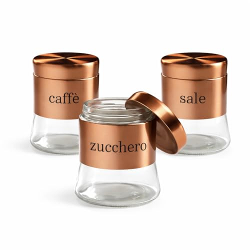 MECSAL CASALINGHI Set 3 Barattoli in Vetro 750 ml per Sale, Zucchero e Caffè – Contenitori con Coperchio – Eleganti, Resistenti, Ideali per la Cucina, Vari Colori (RAME)