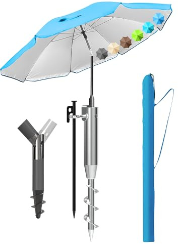 4smile Sonnenschirm Strand 200 cm 3-IN-1-SET, Strandschirm windfest stabil + Schutzhülle + Eindrehbodenhülse, UV50+ Sonnenschutz, höhenverstellbar & flexibel neigbar, Fb. Blau
