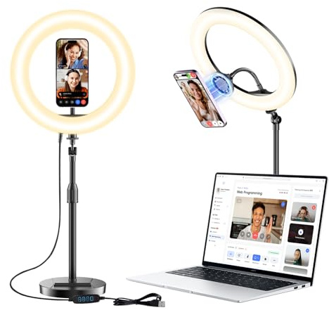 Desk Ring Light with Magnetic Phone Holder, 10'' Video Conference Podcast Lighting Kit for Laptop Computer Monitor Zoom Call Streaming, 3 Color LED Halo Light with Adjustable Stand for Home Office