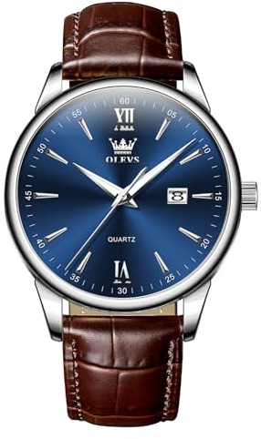 OLEVS Mens Watches Brown Leather Strap Roman Numerals Analog Quartz Watches for Men Big Face Waterproof Blue Mens Watch Simple Stylish Easy to Read Luminous Men’s Wristwatch with Calendar