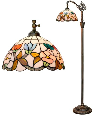 Dualbao Lámpara De Pie Arqueada De Vidriera De Hoja Verde Blanca Estilo Tiffany, Flor De Trompeta De Color Vintage Sombra De 12 Pulgadas Cuello De Cisne Esquina Ajustable Luz De Lectura De Pie
