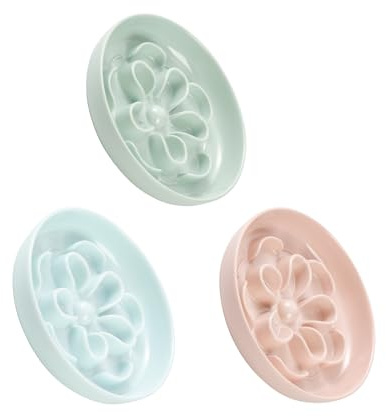Comedero Gato Antivoracidad de Melamina - Cuencos para Gatos de Alimentación Lenta - Fleurs Labyrinthe - Apto para lavavajillas - Set de 3 (Verde, Azul y Rosa)