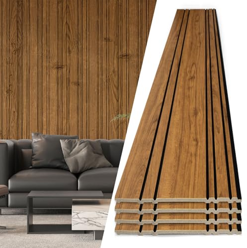 Art3d 4-Pack Glue-On Wall Panels, Wood Grain Texture Interior Wall Decor, 104x12 Recycled Polystyrene Wainscoting Panels, Low Emission for Living Room Bedroom,Natural Teak