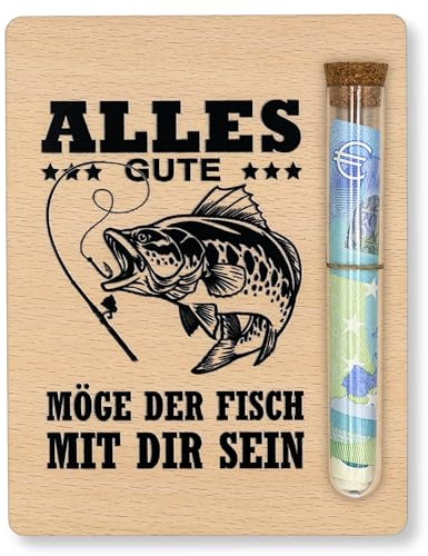 ZUKLA Verpackung für Geldgeschenke Angler - 13 x 10 cm - mit Reagenzglas - Geschenk für Angler - Geldgeschenk Verpackung aus Holz