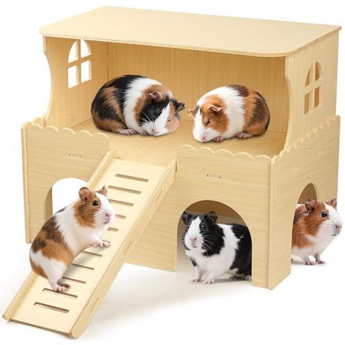 Large Two-Level Guinea Pig Hideout, Wooden Guinea Pig Castle with House, Platform and Stairs, Detachable Guinea Pigs House, Easy Assembly Accessories for Chinchillas, Hamsters, Rabbits and Guinea Pigs