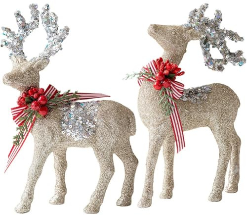 Brxmpn 2pcs Reindeer Figurine Statue Glittering Deer Sculpture Christmas Deer Decor Desktop Ornament Elk Office Decoration Indoor Home Table Craft
