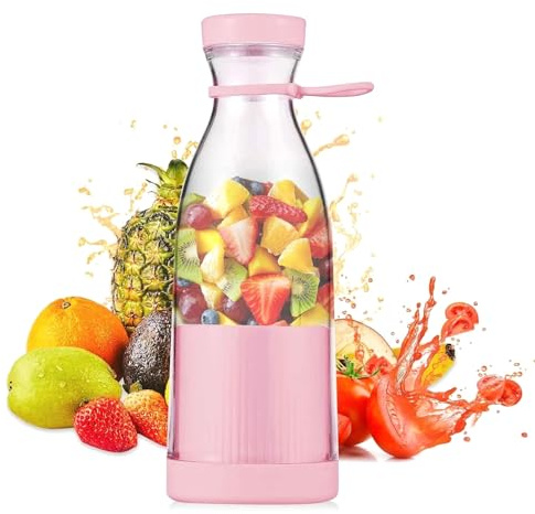 Portable Juicer, Portable Juicer Blender Bottle, 350ml Electric Mini Juice Maker with 6 Blades, Powerful Mini Blender with USB for Fruits, Shakes, Smoothie, Perfect for Home, Office, Outdoors (Pink)
