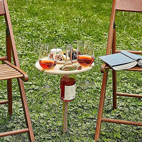 Domary Mesa de Vino de Madera Plegable Portátil para Exteriores, Soporte para Copas Vino, Diseño Compacto Resistente y Duradero, Playa, Patio Trasero, Picnic,