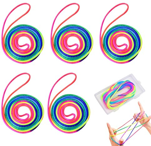 5 Stück Fingertwist mit ransparenter Aufbewahrungsbox, Finger Twist Fadenspiel, 160cm lang, weich und abriebfest, Fadenspiele für Familieninteraktion, ideal als kleines Geschenk, Mitgebsel.