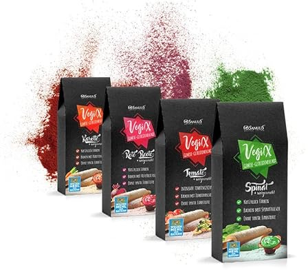 SANUUS VegiX Natürliche Lebensmittelfarbe Bio Gemüsepulver Backmischung Set 2kg - Gesunde Backmischungen mit Weizenmehl 550 für zum Backen - Spinatpulver, Rote Beete Pulver, Tomate und Karotte