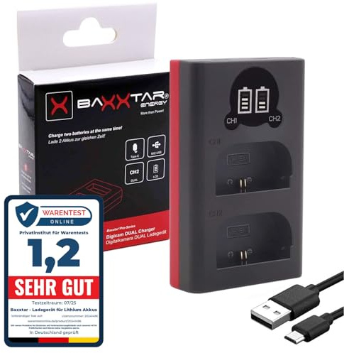 Baxxtar 18602 LP-E6NH LP-E6N LP-E6 Akku-Ladegerät/Mini Dual LCD/Versorgung über USB-C oder Micro-USB