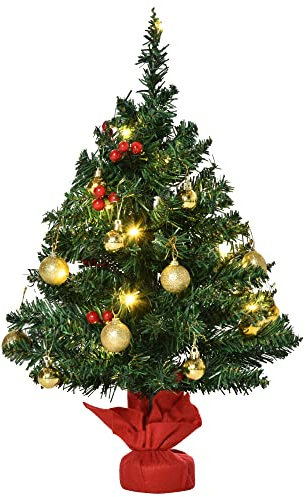 HOMCOM Mini Künstlicher Weihnachtsbaum 60 cm künstlich Tannenbaum mit 73 Spitzen, 8 Stechpalmenbeeren, Christbaum mit Kugeln Zementbasis Weihnachtsdeko für drinnen Büro Wohnzimmer
