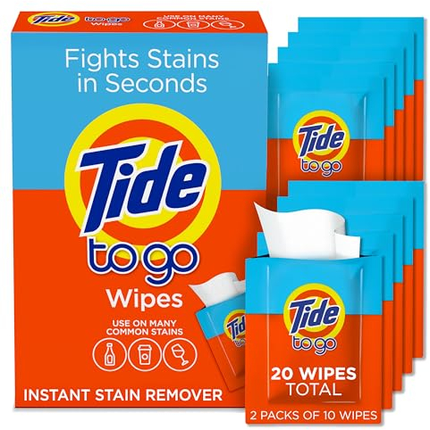 Tide Quitamanchas para ropa, toallitas Tide To Go, removedor de manchas instantáneo para ropa, viaje y tamaño de bolsillo, 20 unidades