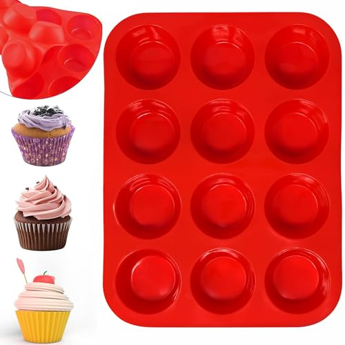 plastific 12 moldes grandes de silicona para magdalenas Yorkshire Pudding Moldes para hornear magdalenas (rojo)