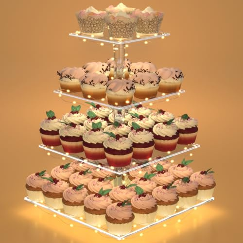 LoveDisplay 4 Tier Acrylic Cupcake Stand with LED Light for Weddings, Birthday Parties (Yellow Light)