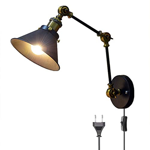 Schwarz Wandlampe mit Schalter, Verstellbar Metall Lange Arm Wandleuchte mit Kabel und Stecker Nachttischlampe Vintage Industriallampe Wand-Leselampe E27 Innen Retro Lampe für Schlafzimmer Wohnzimmer