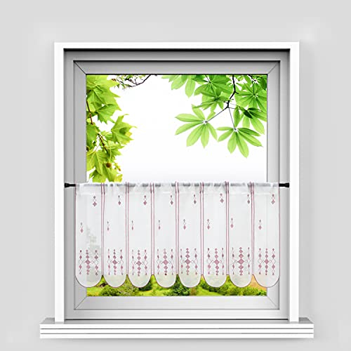 HeichkelL Scheibengardine Landhaus Rautenstickerei Bistrogardine Küchenvorhänge Modern Pastorale Kurzstores Leinenoptik Tunnelzug Violett BxH 90x30 cm