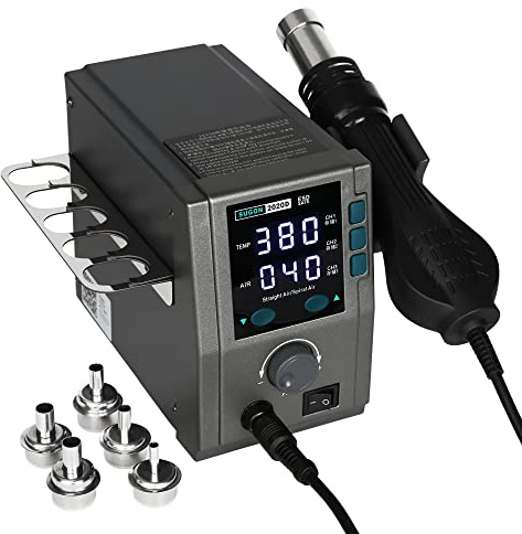SUGON 2020D Hot Air Rework Station 700W High Power, Temp 212°F-932°F Fast Heating, ℉/℃,3 Memory Storage, Automatic Sleep,110V Hot Air Gun Station with Quick Change Nozzle Bracket and 5 Nozzles