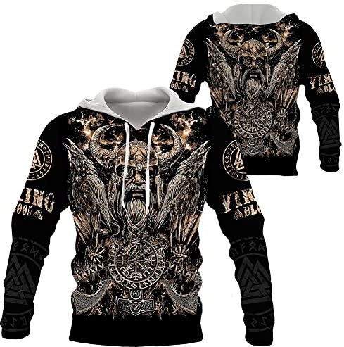 TRYQ Nordischer Mythologie-Wikinger-Vintage-Odin-Hoodie Für Herren, Tattoo-3D-Gedruckter Pullover, Harajuku-Straßenjacke.