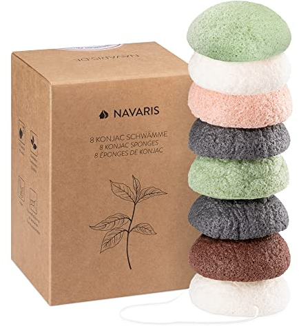 Navaris Konjac Sponges - Set of 8 - Facial & Body Natural Konjac Sponge Puffs - Exfoliating & Cleansing Face & Skin Sponges for Bath & Shower - 8-Pack