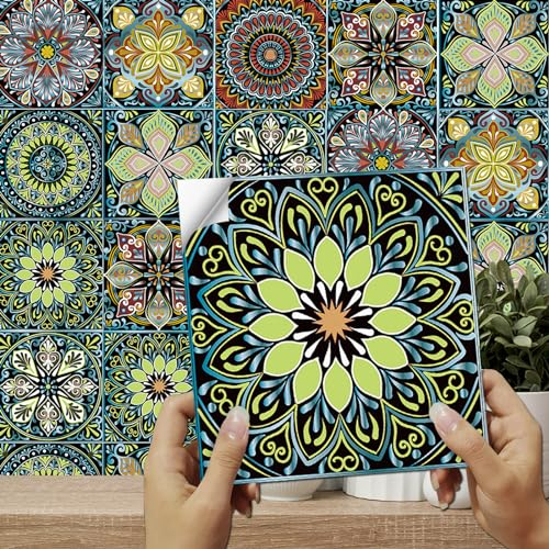 24pcs Tile Stickers 15cm Stick on Tiles Vintage Green Moroccan Style Tile Stickers for Kitchen Bathroom Living Room Fireplace Stairs Waterproof Oil Proof Stickers for Tile Peel and Stick Tile Decals