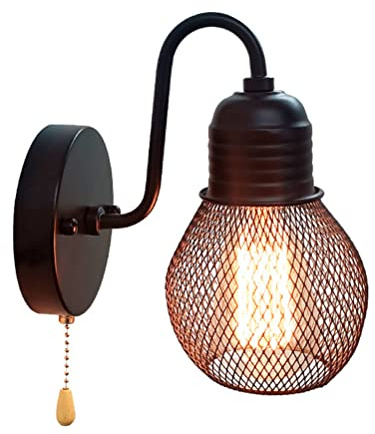 Applique Murale Intérieure avec Interrupteur, Noir Rétro Lampe Murale avec interrupteur à tirette E27 Douille de lampe Lampe industrielle Vintage Cage Métal Abat-Jour Applique pour Chambre Salon,1pc