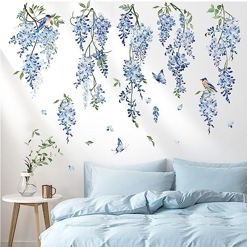 decalmile Stickers Muraux Fleurs Bleues Pendaison Vigne Autocollant Mural Floral Vigne Plantes Glycine Décoration Murale Chambre Salon Bureau Salle à Manger
