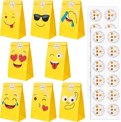 GOTFUN 16 Stück Papiertüten, Bunte Geschenktüte mit 16 Aufkleber, 22x12x8cm Geschenk Verpackung Papiertüten Candy Tüten zum Verpacken für Party Kindergeburtstag Geschenken Giveaways