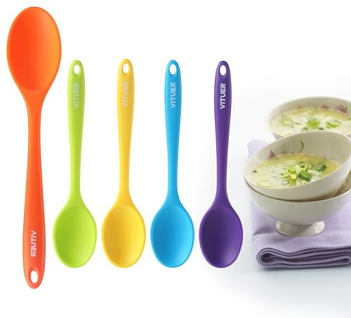5PCS Silicone Serving Spoons Set, Vituer Heat Resistant Kitchen Spoons for Cooking, Mixing, Stirring and Serving, Dishwasher Safe (5 Pack, Multicolor)