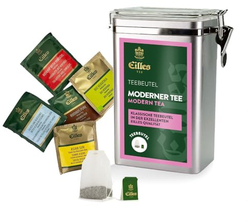 MODERN TEE Premium Aromadose mit 5 Sorten EILLES Deluxe Teebeutel, 30 Portionen gesamt, wiederverschließbare Dose mit Crystal-Deckel
