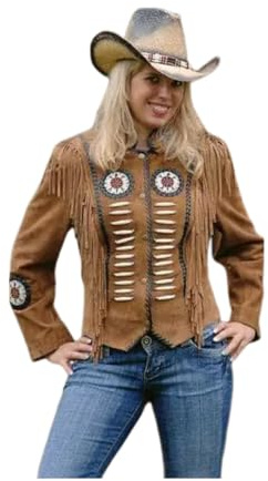 Fami Sports Chaqueta de piel de ante occidental tradicional vaquera para mujer | Chaqueta nativa americana con flecos, cuentas y huesos, marrón claro, M
